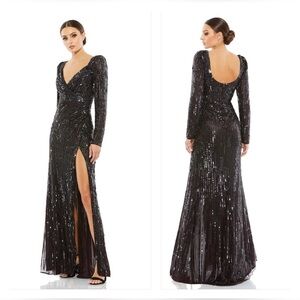 Mac Duggal Black Long-Sleeve Sequin Evening Gown with High Slit